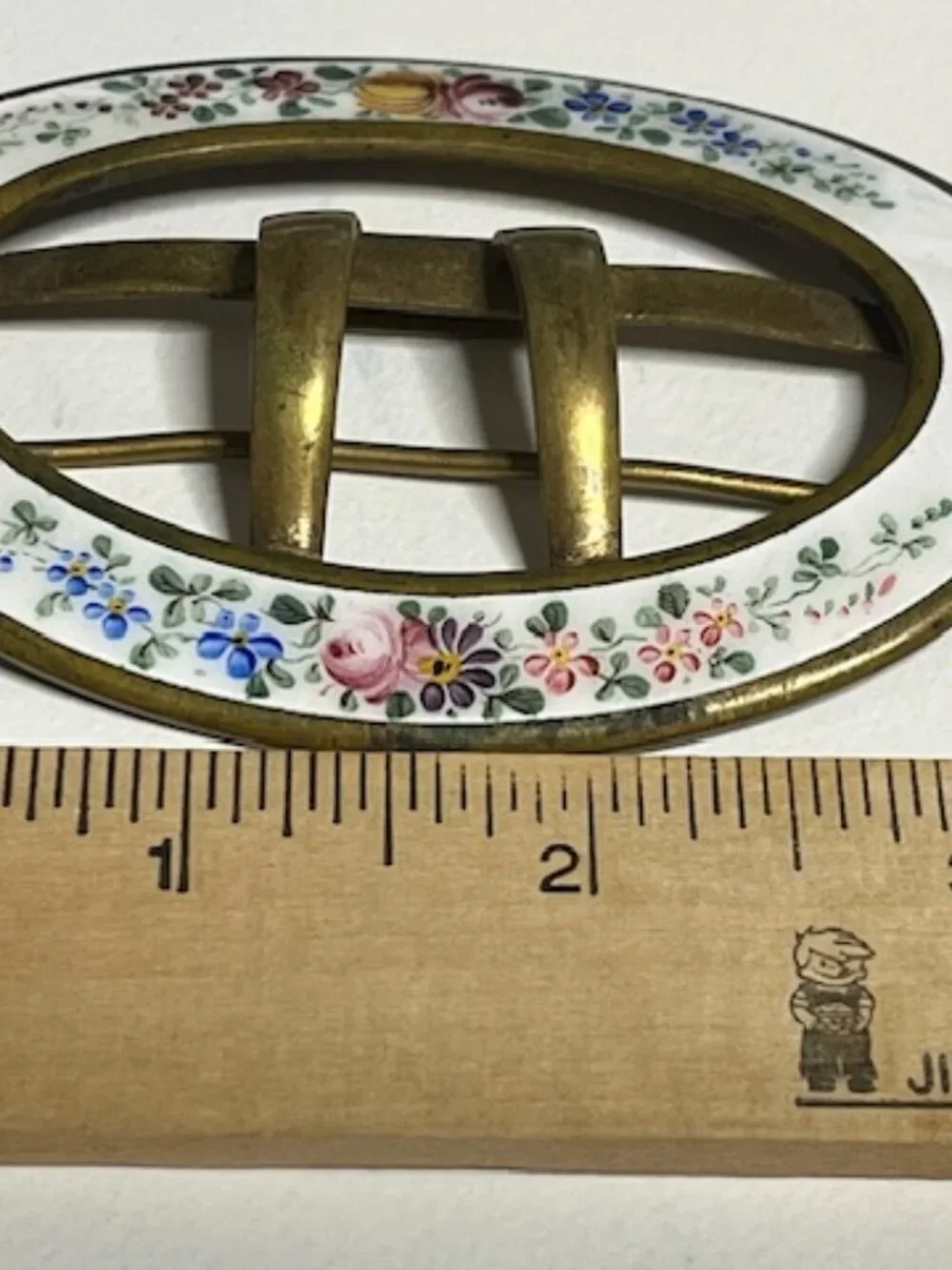 VTG Oval Enamel Floral & Brass Belt Scarf Belt Buckle Hand-Painted 3.5